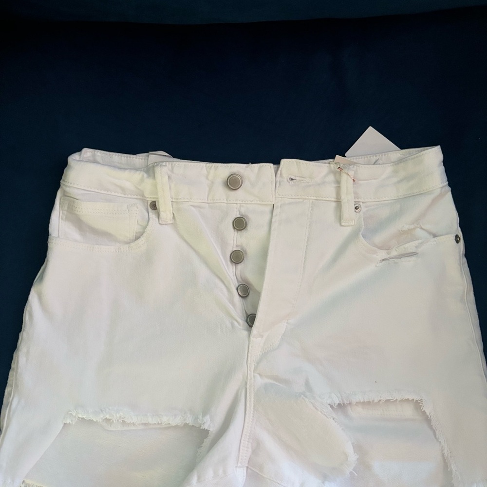 White High-Waisted Distressed Shorts